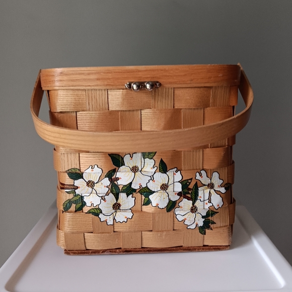 Vintage Signed Caro-Nan Floral Woven Wooden Wicker Basket Bucket Purse White Tan - Picture 4 of 16
